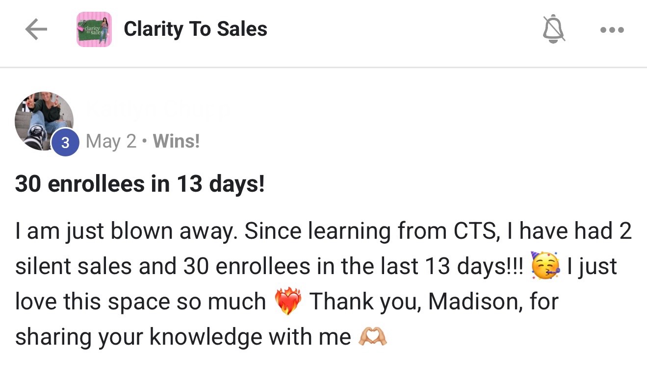 Student testimonial: 2 silent sales and 30 enrollees in 13 days
