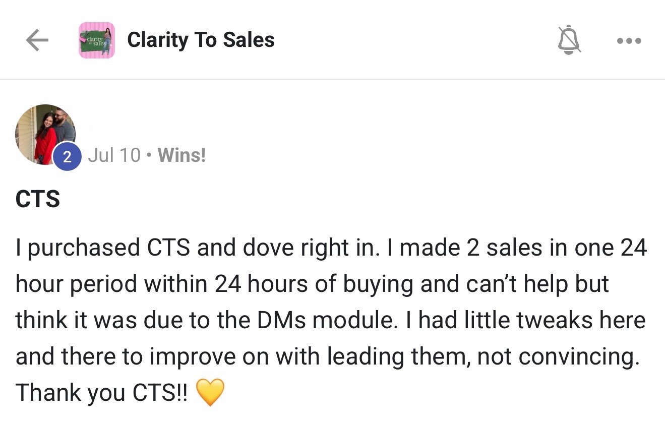 Student testimonial: 2 sales in 24 hours after the DMs module