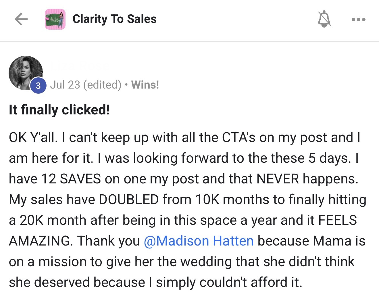 Student testimonial: sales doubled from 10K months to a 20K month