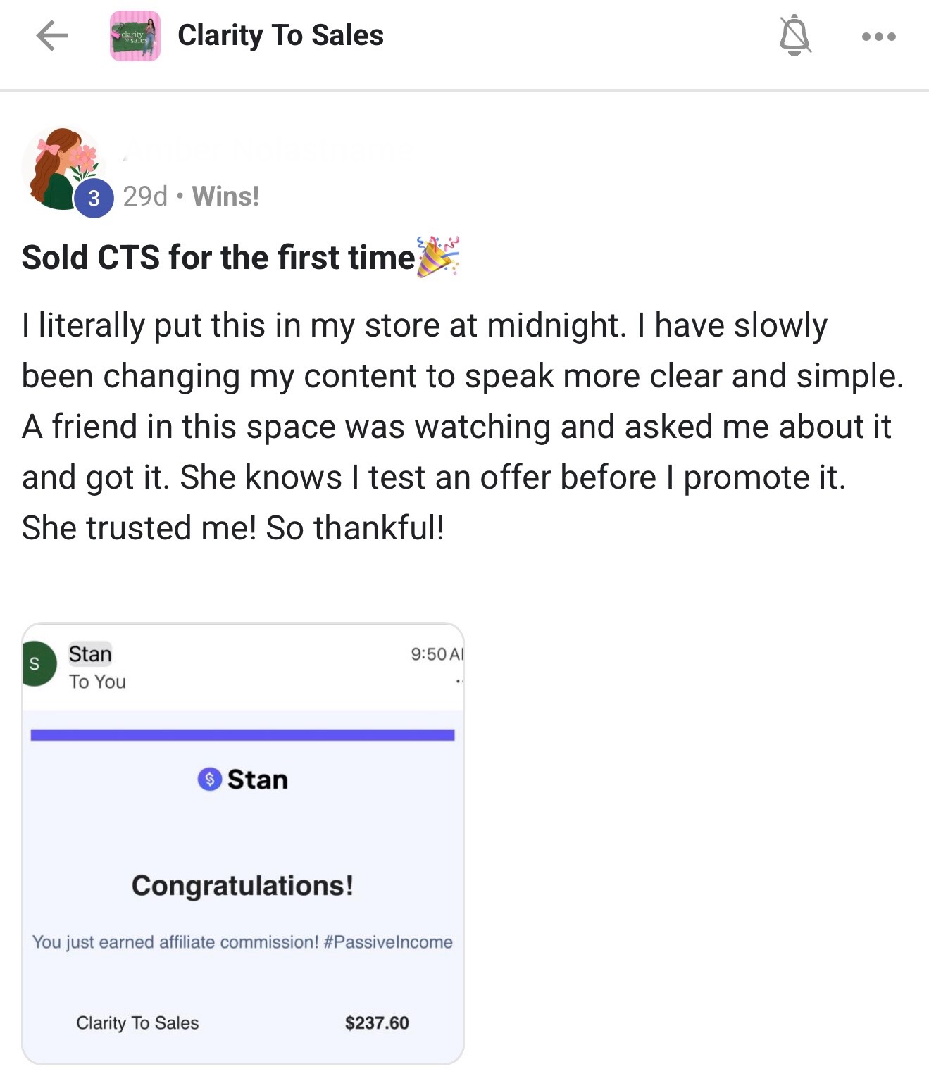 Student testimonial: sold Clarity to Sales for the first time